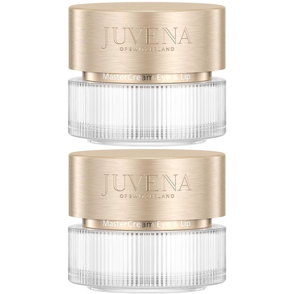 Twee crèmepotten met gouden deksels. Opschrift: JUVENA OF SWITZERLAND, MasterCream Eye & Lip. Gecanneleerde glazen lichamen.