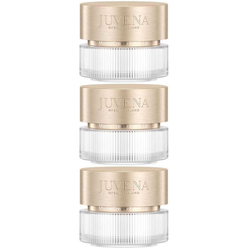 Drie crèmetiegels met goudkleurige deksels. Op de deksels staat "JUVENA OF SWITZERLAND". De potjes zijn van glas.