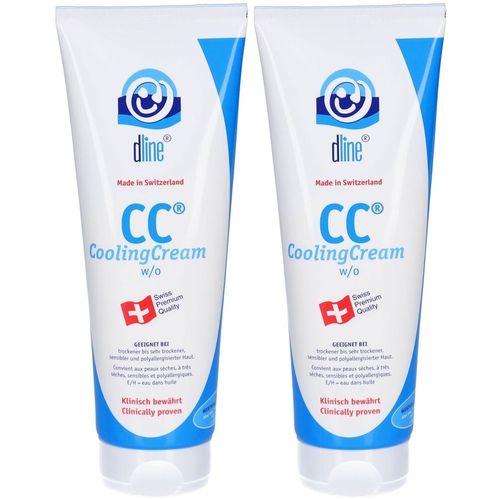 Twee crèmetubes. Witte tubes met blauw design. Opschrift: dline CC CoolingCream w/o. Zwitserse vlag en tekst.