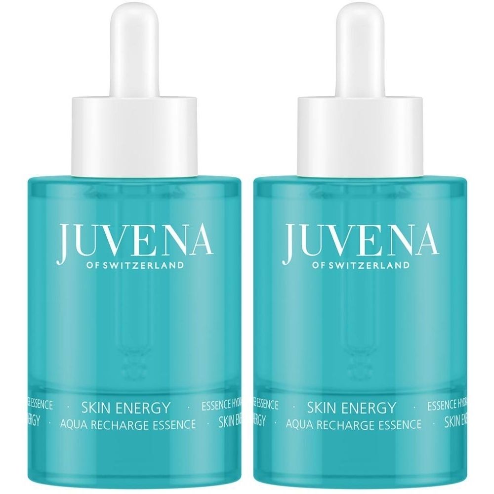 Deux flacons avec bouchon blanc et pipette. Inscription: Juvena of Switzerland, Skin Energy Aqua Recharge Essence.