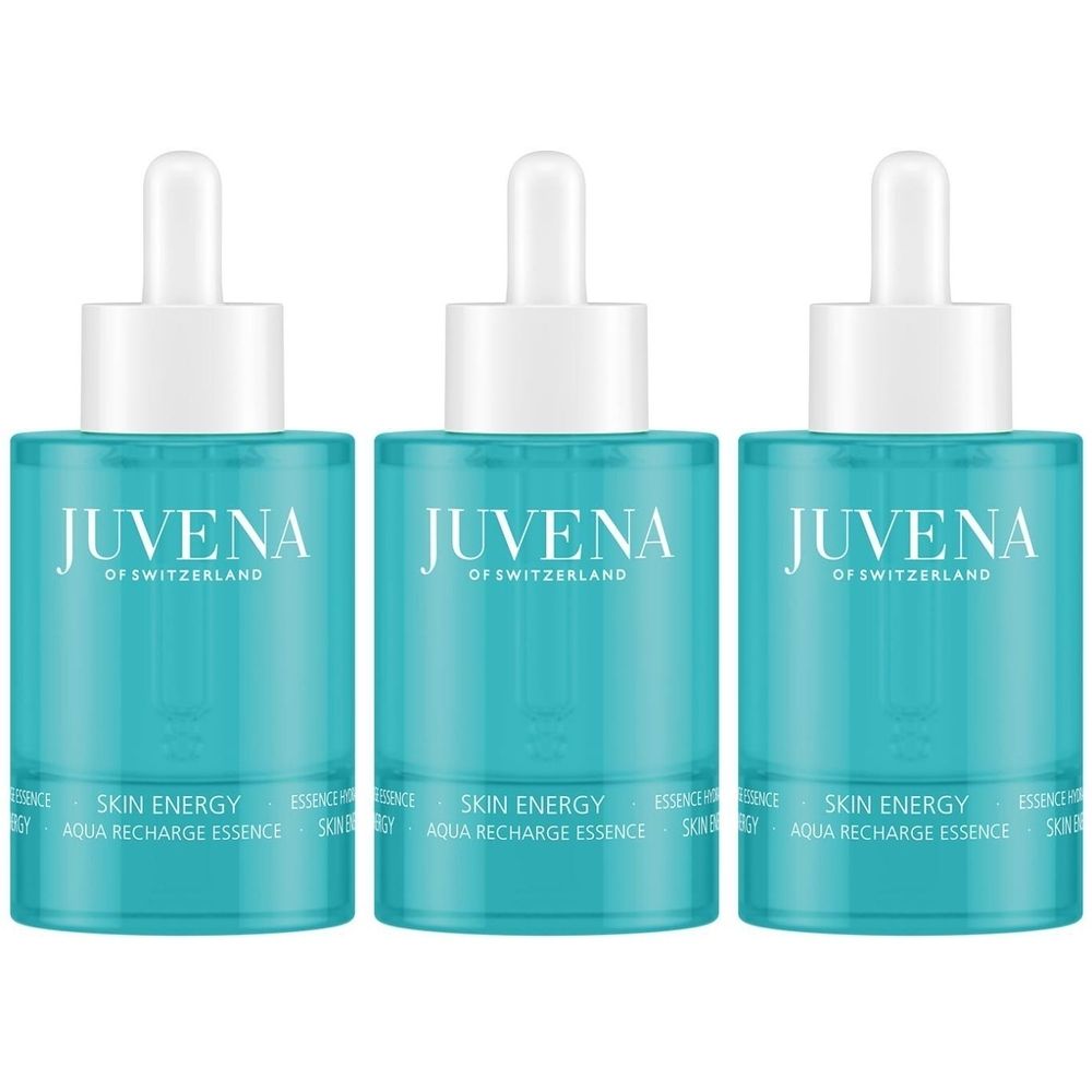 Trois flacons avec bouchon blanc et pipette. Inscription: Juvena of Switzerland, Skin Energy Aqua Recharge Essence.