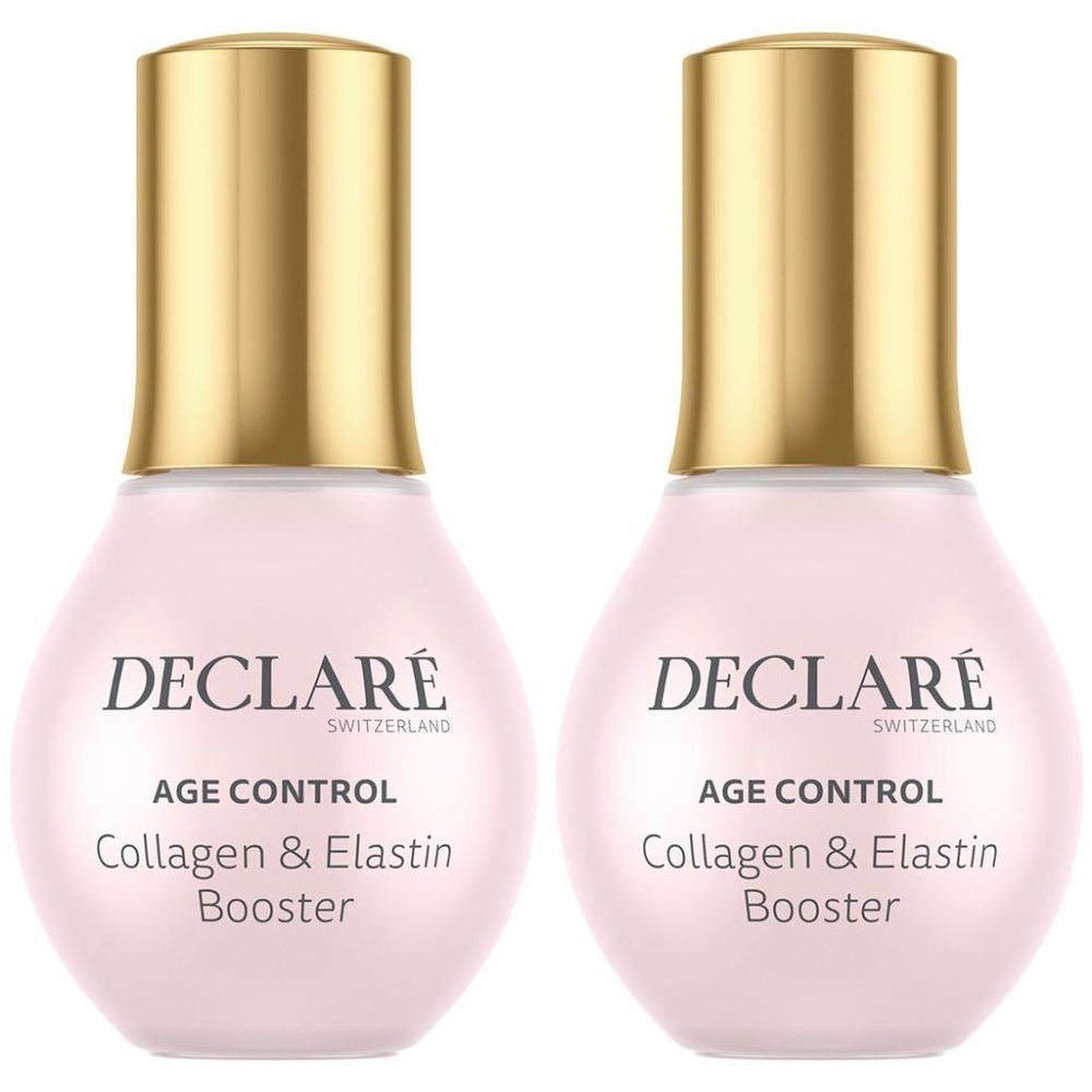 Deux flacons roses avec bouchons dorés. Inscription: DECLARÉ SWITZERLAND, AGE CONTROL, Collagen & Elastin Booster.