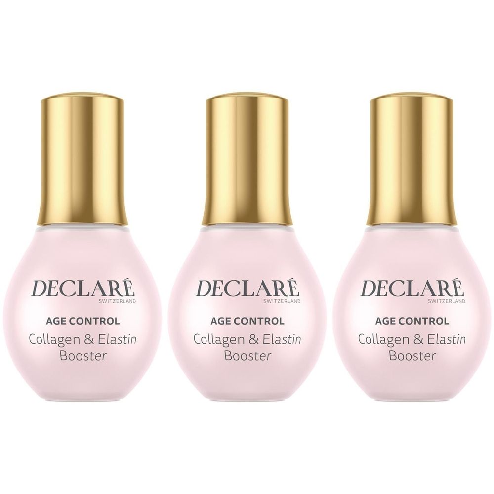Trois flacons avec bouchons dorés. Sur les flacons roses, on peut lire DECLARÉ AGE CONTROL Collagen & Elastin Booster.