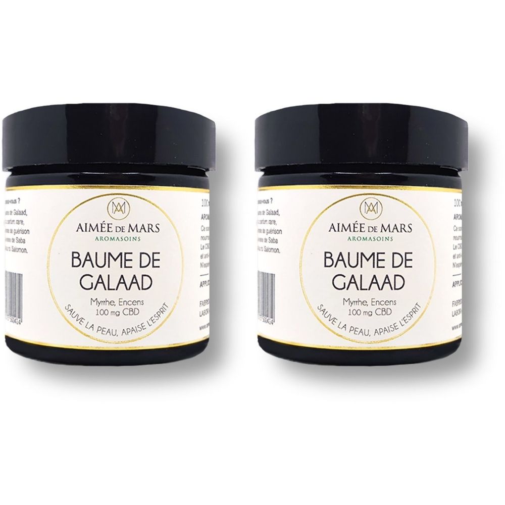 Deux pots de baume avec couvercles noirs. L'étiquette indique "BAUME DE GALAAD" et "100 mg CBD".