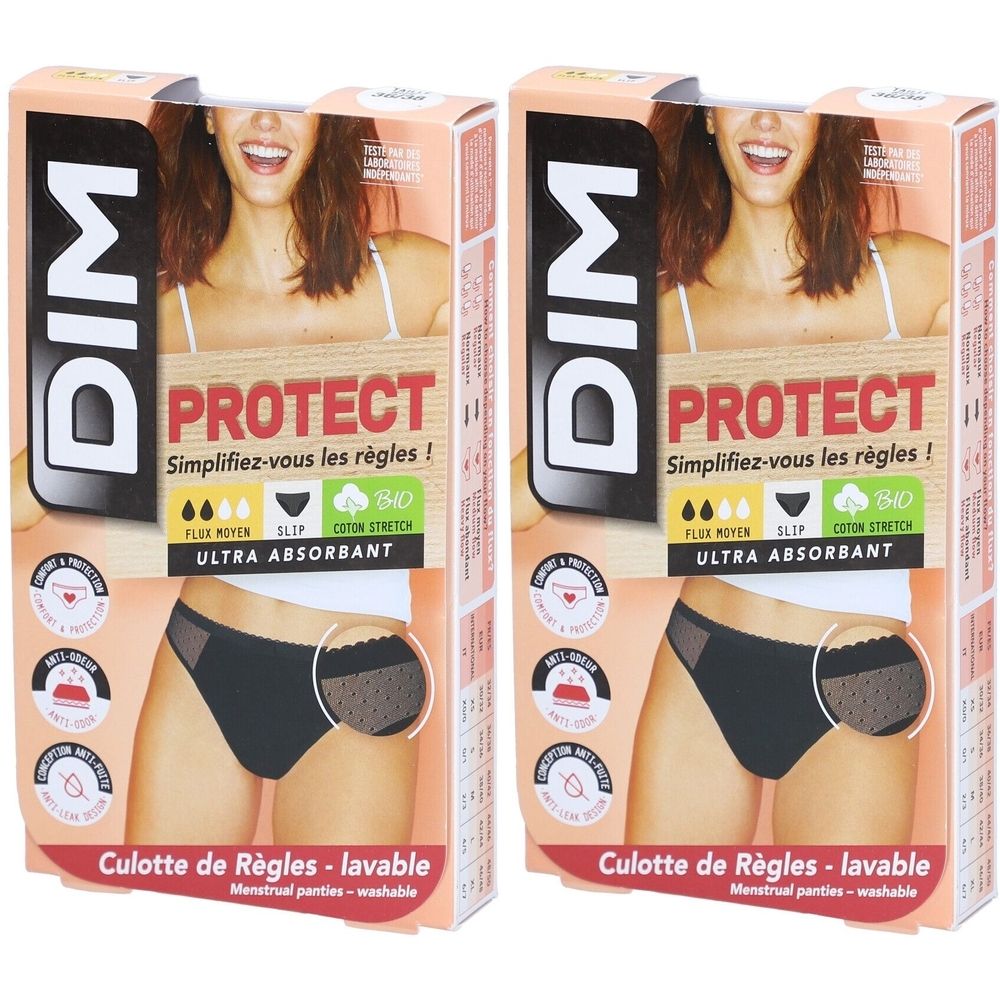 Twee verpakkingen van DIM Protect menstruatieslips. Zwarte slip met kant, gemiddelde absorptie, biologisch katoen, wasbaar. Merk en tekst PROTECT zichtbaar.