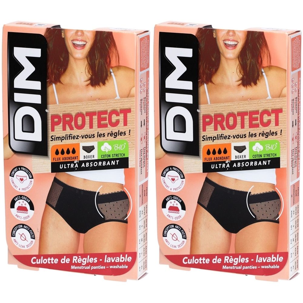 Deux boîtes de culottes menstruelles DIM Protect. Boxer noir, ultra absorbant, lavable. Coton bio.