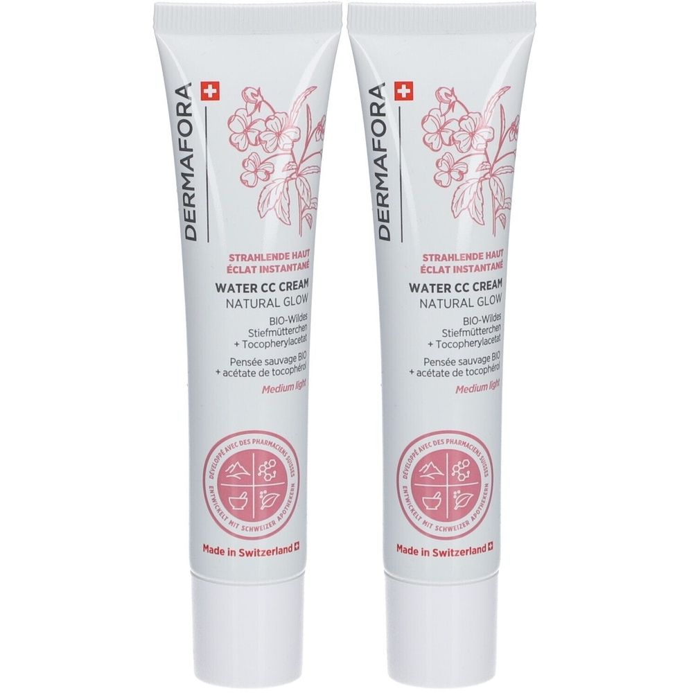 Twee crèmetubes. Opschrift: Dermafora, Water CC Cream Natural Glow. Met Zwitsers kruis en logo. Gemaakt in Zwitserland.