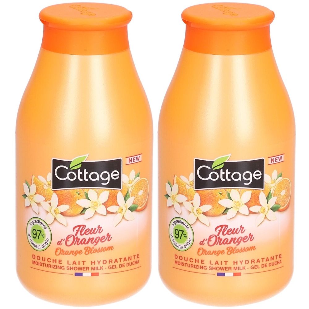 Deux flacons de douche hydratante. Flacons orange avec bouchons orange. Inscription: Cottage, Fleur d'Oranger, 97% ingrédients naturels.