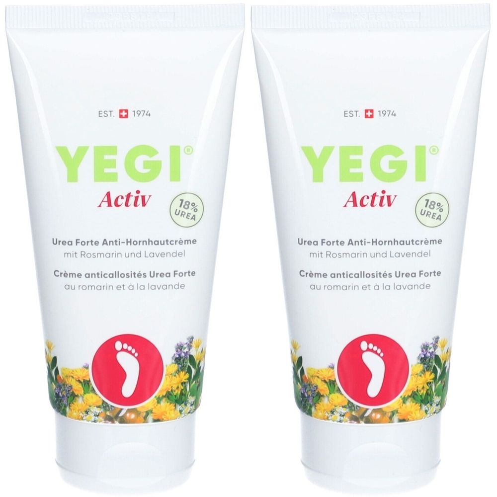Deux tubes de crème YEGI Activ. Tubes blancs avec texte vert. Symbole de pied. Texte: Urea Forte Anti-Hornhautcrème.