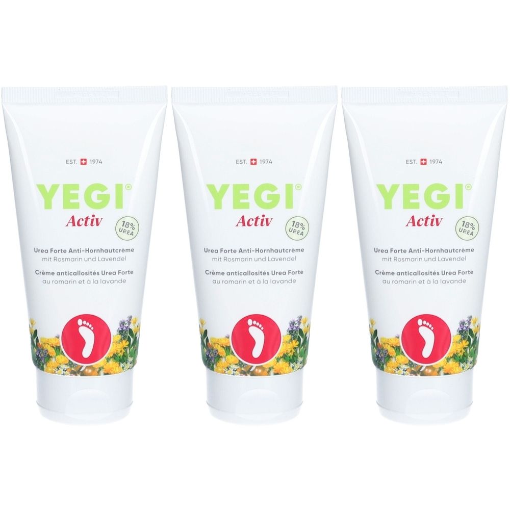 Trois tubes de crème. Inscription: YEGI Activ, Crème anti-callosités Urea Forte. Logo: pied dans un cercle rouge. Avec 10% d'urée.