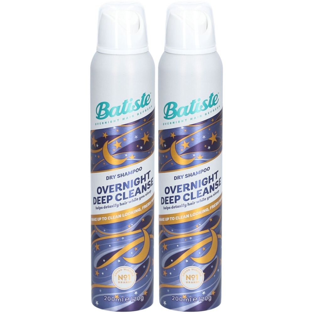 Deux flacons de shampooing sec Batiste Overnight Deep Cleanse. Design avec étoiles et lune. Contenance visible.