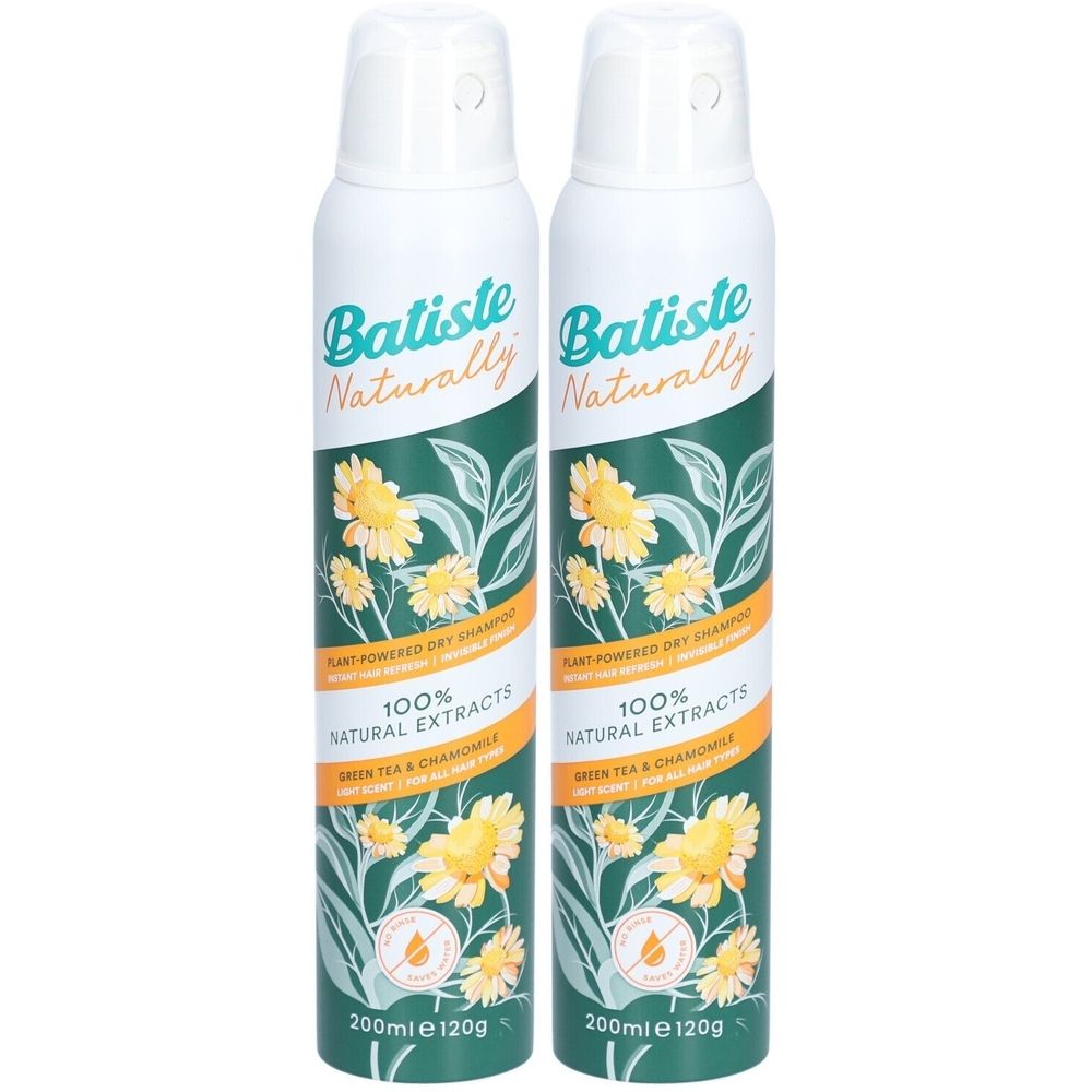 Deux bouteilles de shampooing sec. Inscription : Batiste Naturally, thé vert et camomille, 100% extraits naturels.