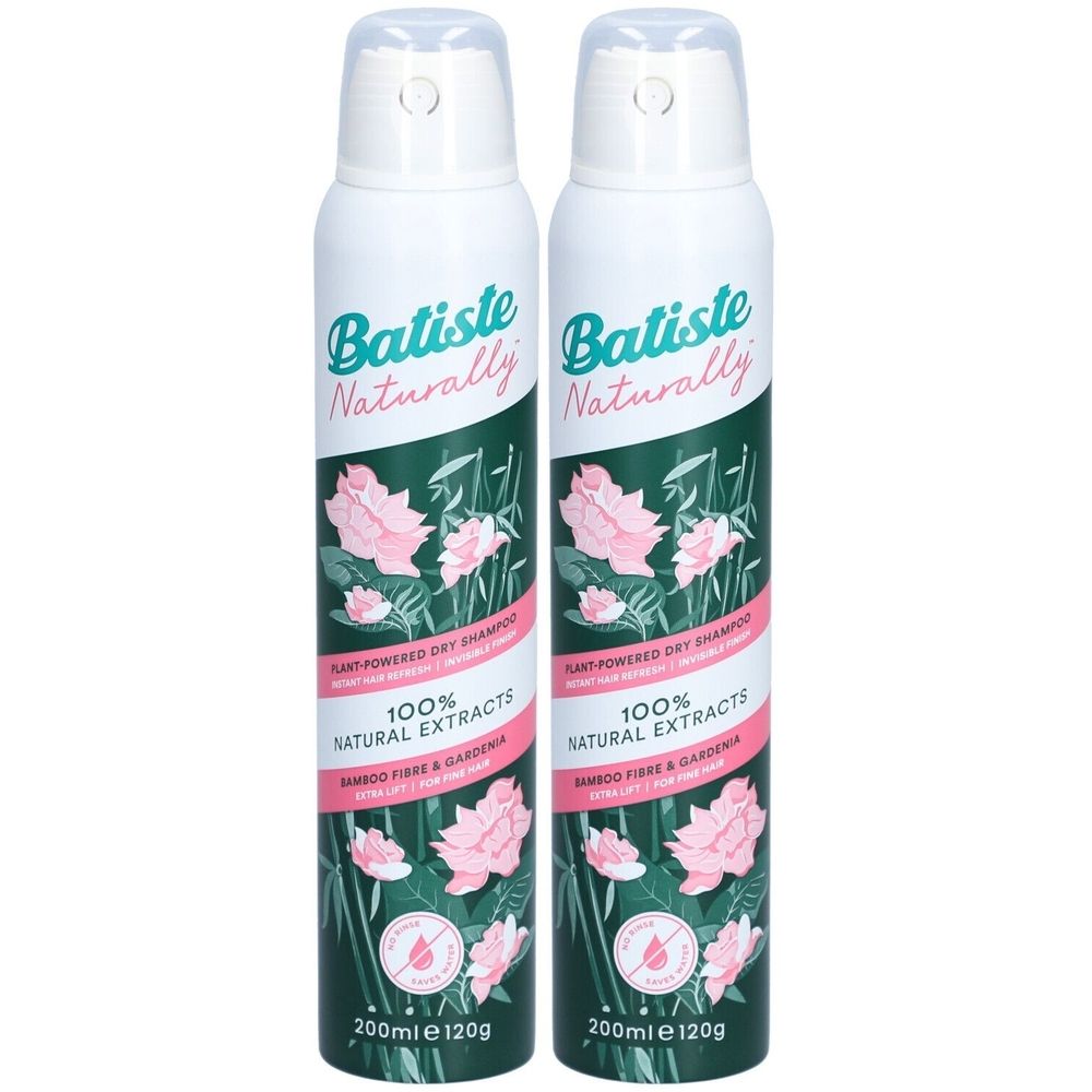 Deux flacons de shampooing sec Batiste Naturally. Inscription: 100% extraits naturels, Bambou & Gardénia. 200ml.