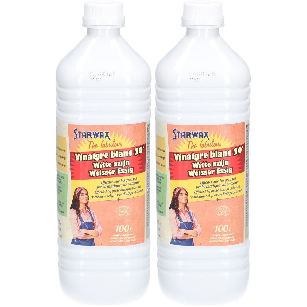 Twee witte flessen met etiketten. Opschrift: STARWAX Vinaigre blanc 20°. Met afbeelding van vrouw en 100% logo.