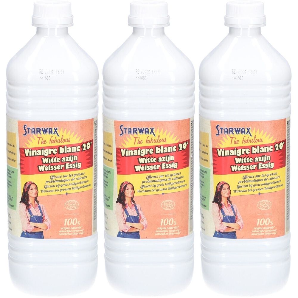 Drie flessen witte azijn. Op de etiketten staat "STARWAX Vinaigre blanc 20°". De flessen hebben witte doppen en etiketten met een vrouw.