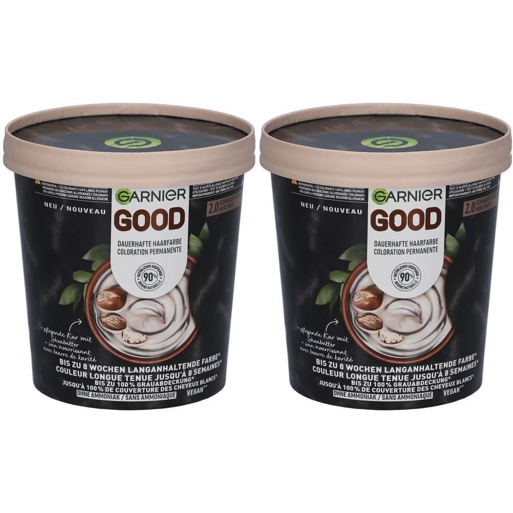 Deux pots de coloration capillaire noirs avec couvercles. Inscription: GARNIER GOOD, 2.0 Trüffelschwarz. Vegan. 90% ingrédients naturels.