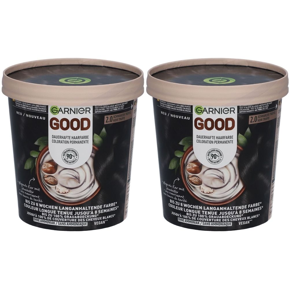 Twee zwarte haarverfpotten met deksels. Opschrift: GARNIER GOOD, 2.0 Trüffelschwarz. Vegan. 90% ingrediënten van natuurlijke oorsprong.