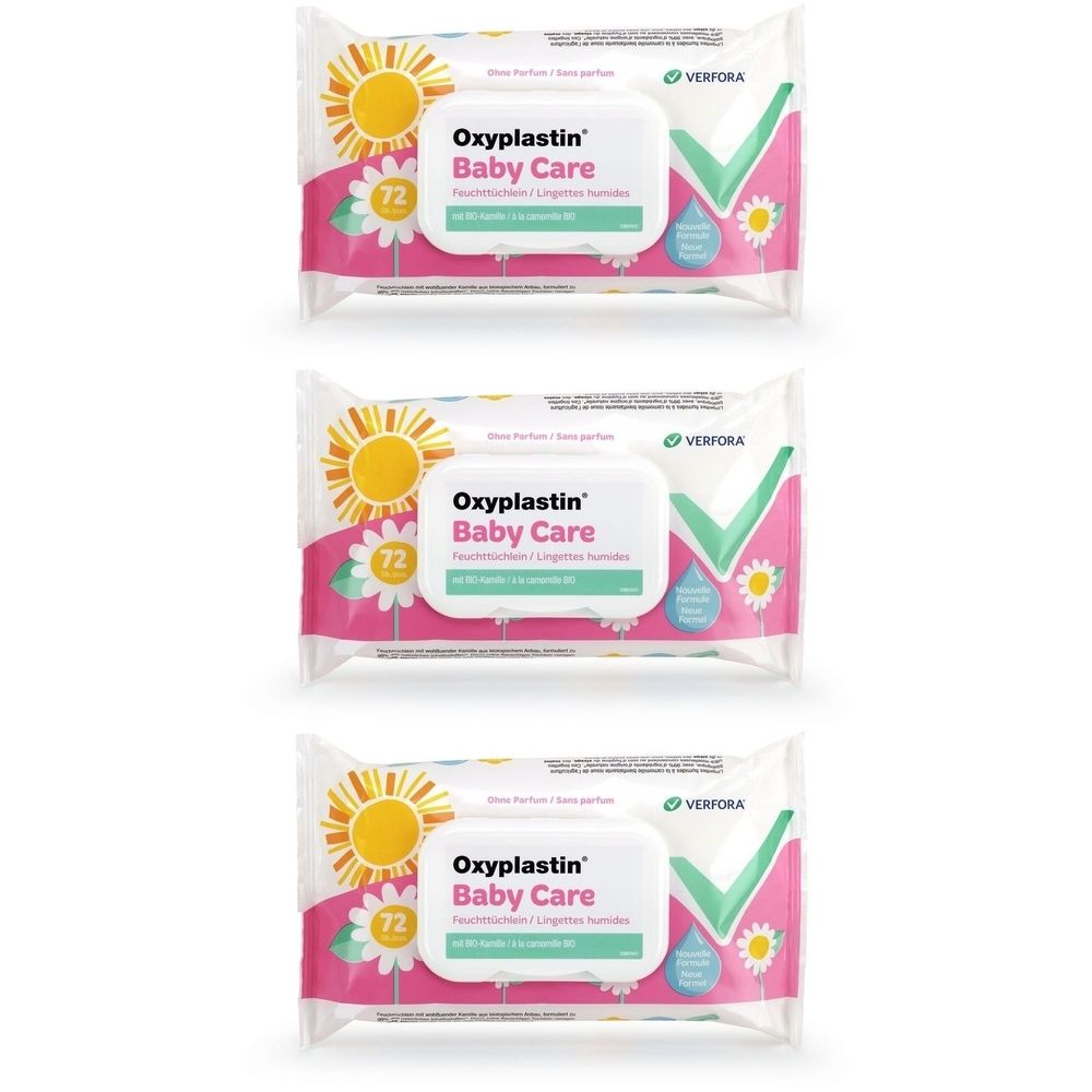 Drie pakjes vochtige doekjes. Op elk pakje staat "Oxyplastin Baby Care" en het getal "72". Roze, witte en groene elementen.