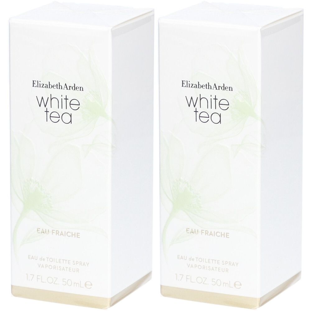 Twee witte rechthoekige dozen. Opschrift: Elizabeth Arden White Tea Eau Fraîche. Tekst en bloemmotief.