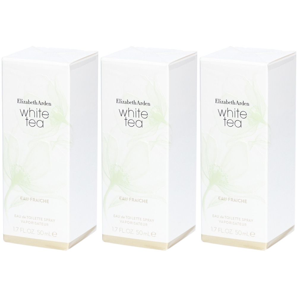 Drie witte dozen met de tekst "Elizabeth Arden White Tea Eau Fraîche". Bedrukt met bloemmotief en productnaam.