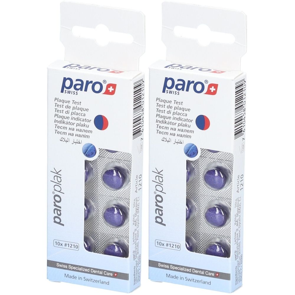 Twee dozen paro® Plaque Test. Elke doos bevat tabletten in blisterverpakking. Opschriften: Plaque Test, Swiss Made.