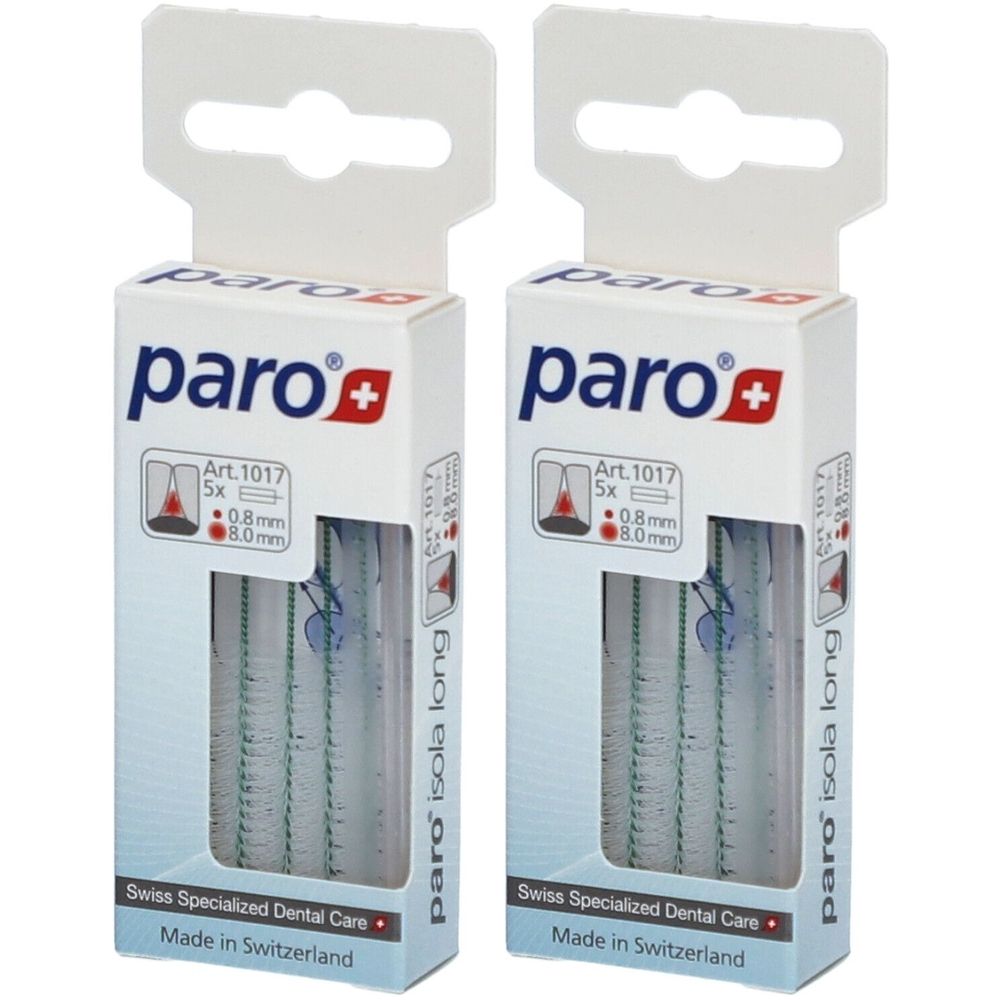 Deux boîtes de paro® ISOLA long. Emballage blanc avec informations et trou de suspension. Produit suisse.
