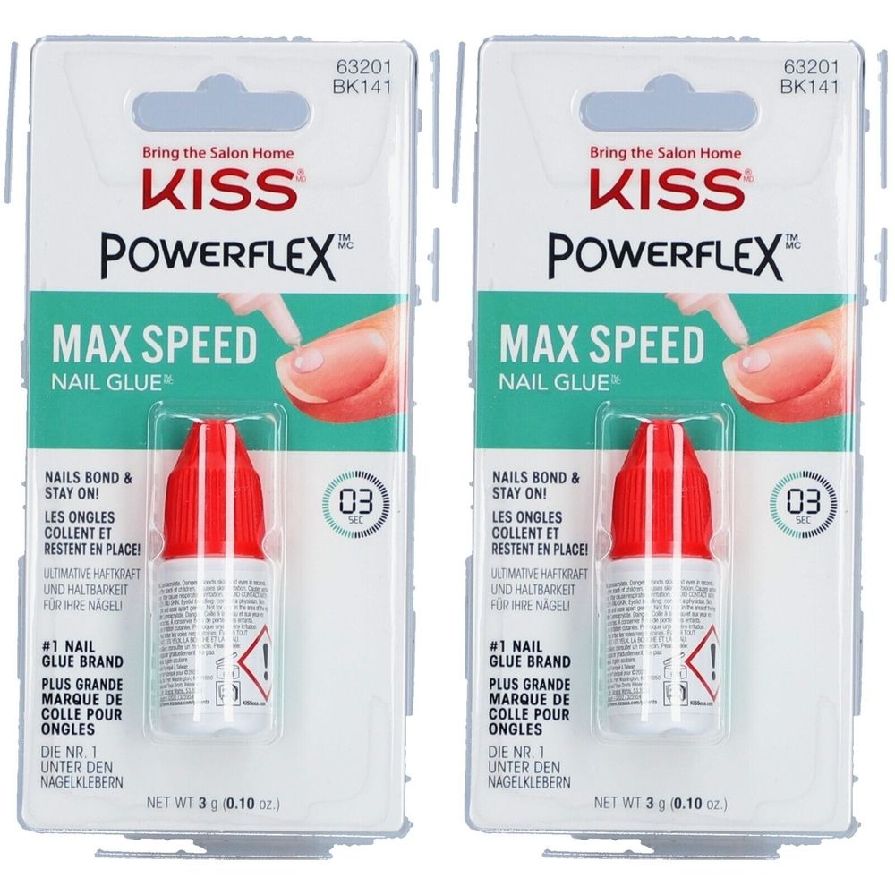 Twee verpakkingen KISS Powerflex Max Speed nagellijm. Rode fles met wit etiket in blisterverpakking.