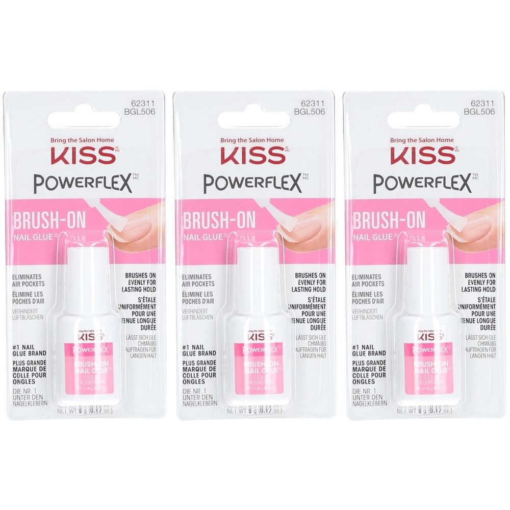 Trois paquets de colle à ongles KISS Powerflex Brush-On. Chaque paquet contient un flacon de colle, emballé dans un blister.