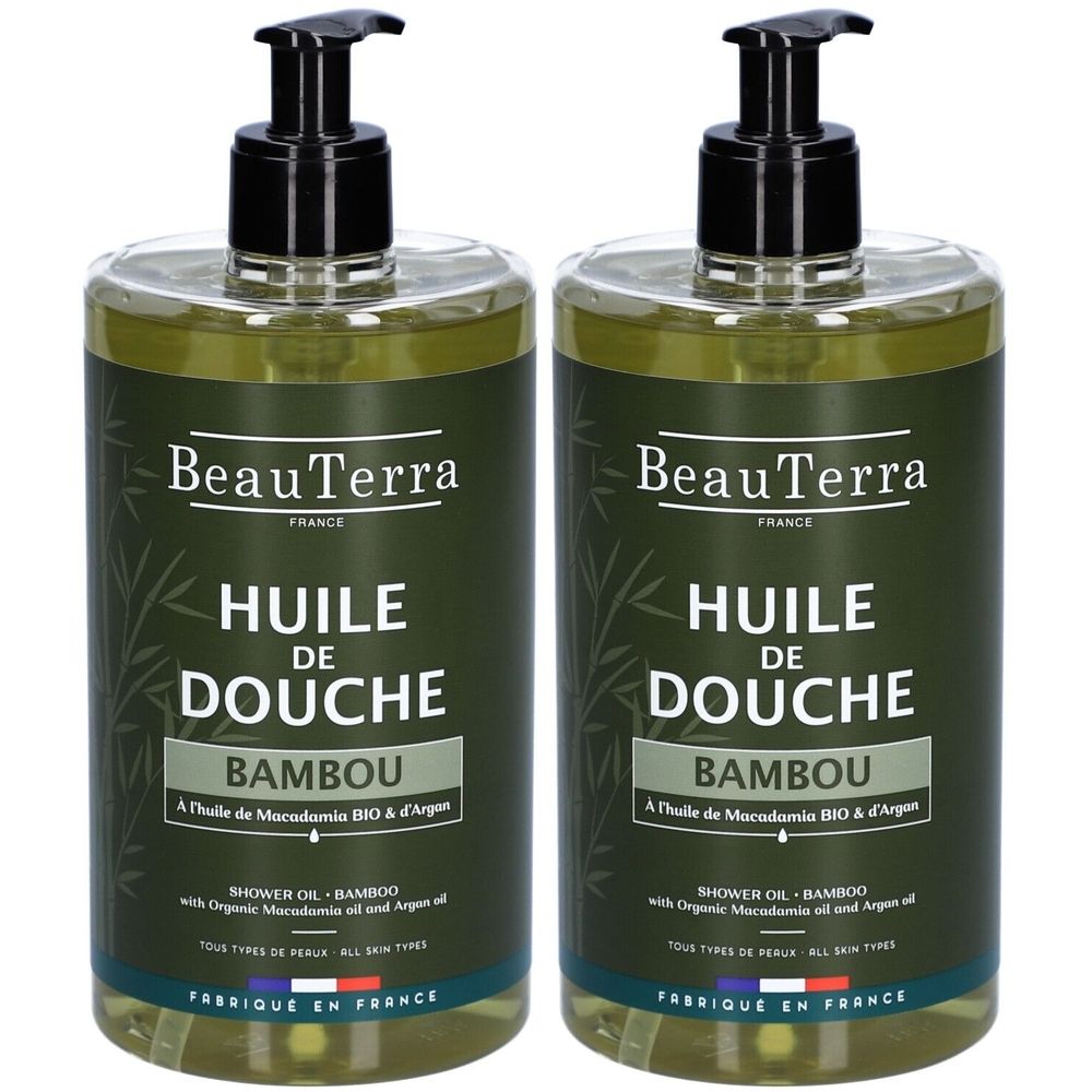 Twee flessen douche-olie met zwarte pomp. Opschrift: BeauTerra, HUILE DE DOUCHE, BAMBOU. Gemaakt in Frankrijk.