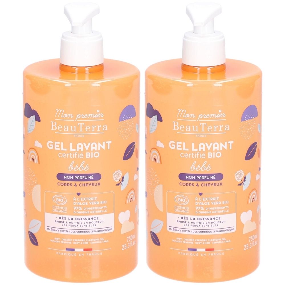 Deux flacons de gel lavant pour bébé. Flacons orange avec pompe blanche. Inscription : BeauTerra, Gel Lavant, certifié BIO, bébé.