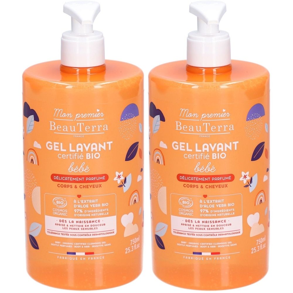 Deux flacons de gel lavant pour bébé. Flacons orange avec pompe blanche. Inscription : BeauTerra, Gel Lavant certifié Bio, bébé.
