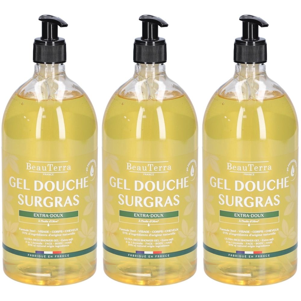Drie flessen douchegel met zwarte pomp. Opschrift: BeauTerra, Gel Douche Surgras, Extra-Doux. Gemaakt in Frankrijk.