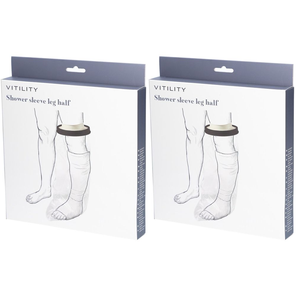 Twee productverpakkingen. Opdruk: Vitility, douchehoes beenhelft. Illustratie van een been met aangebrachte hoes.