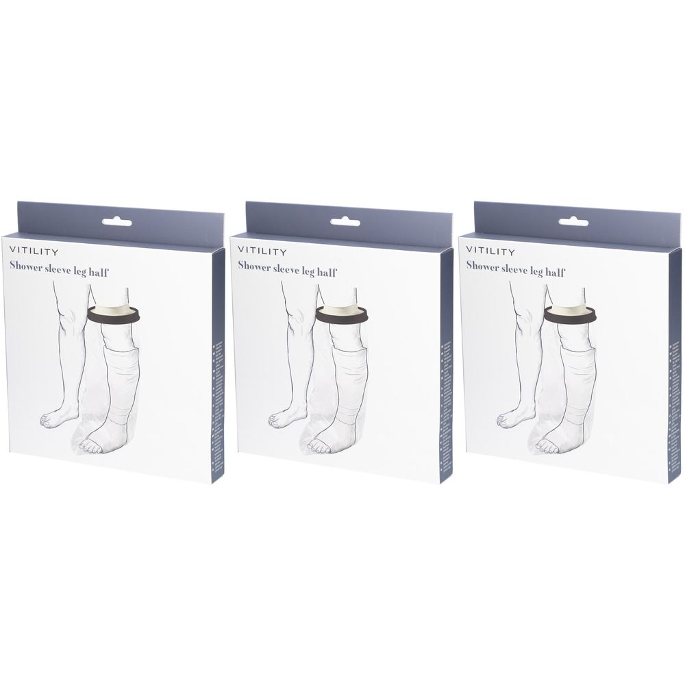 Drie productverpakkingen. Elke verpakking toont een illustratie van een been met een douchehoes. De merknaam is Vitility.