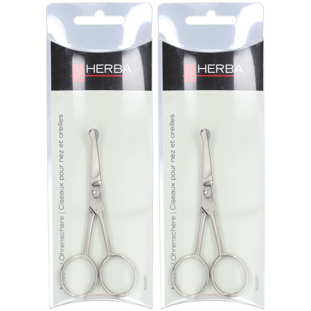 Deux ciseaux pour le nez et les oreilles nickelés dans un emballage plastique. Marque HERBA. Inscription : Ohrenschere | Ciseaux pour nez et oreilles.