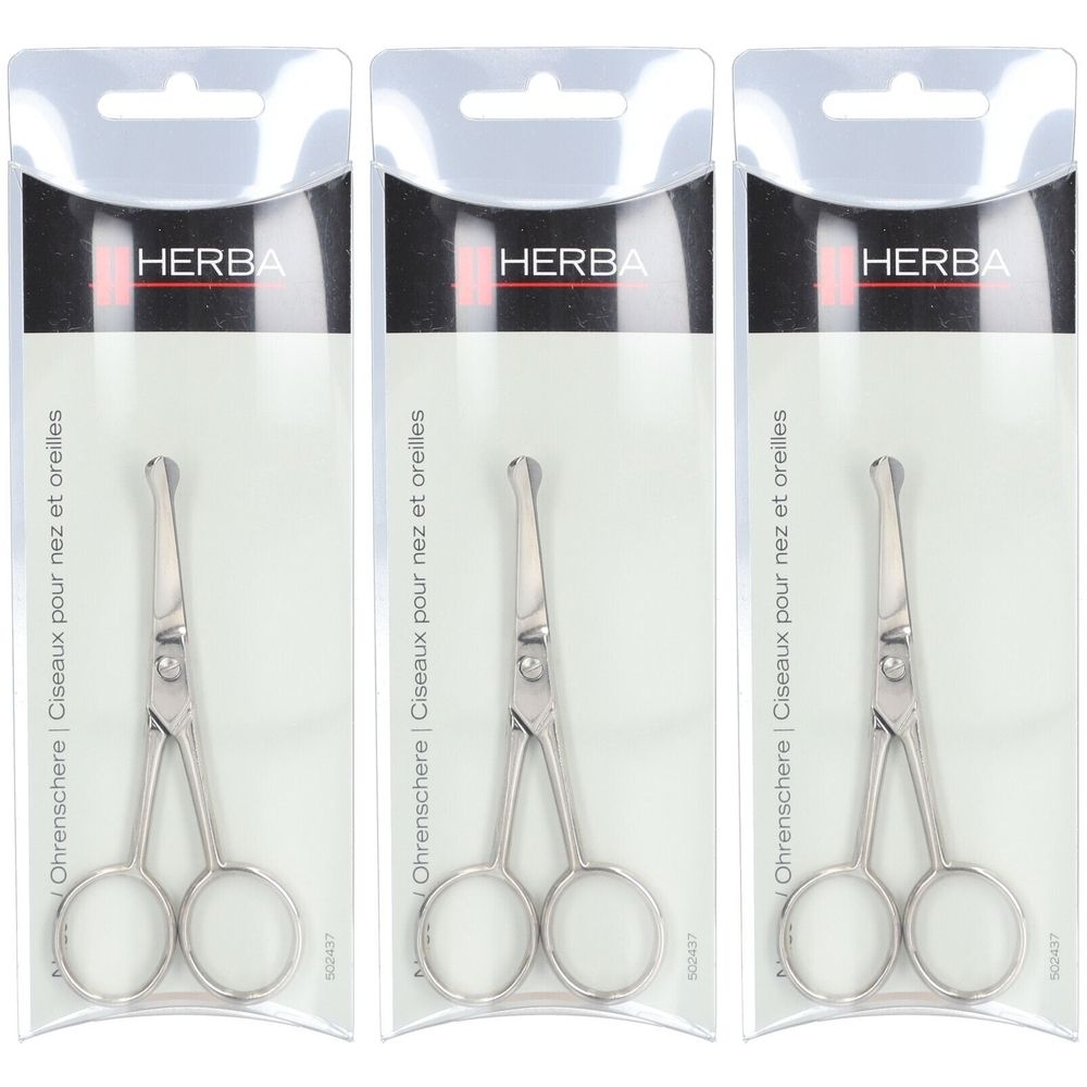 Trois ciseaux HERBA pour le nez et les oreilles, nickelés, en emballage individuel. Ciseaux en métal à bout arrondi et poignées en anneau.