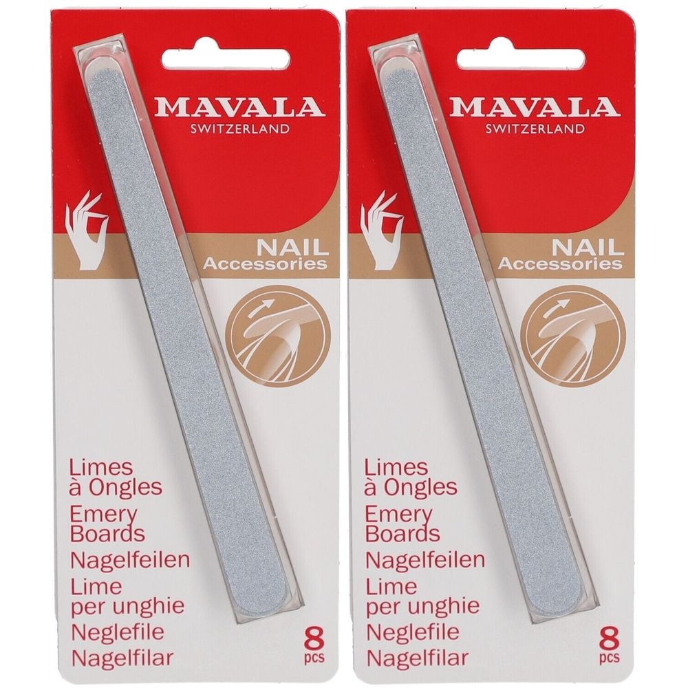 Deux limes à ongles dans un emballage. Inscription: MAVALA, Nail Accessories, 8 pièces. Désignations multilingues.