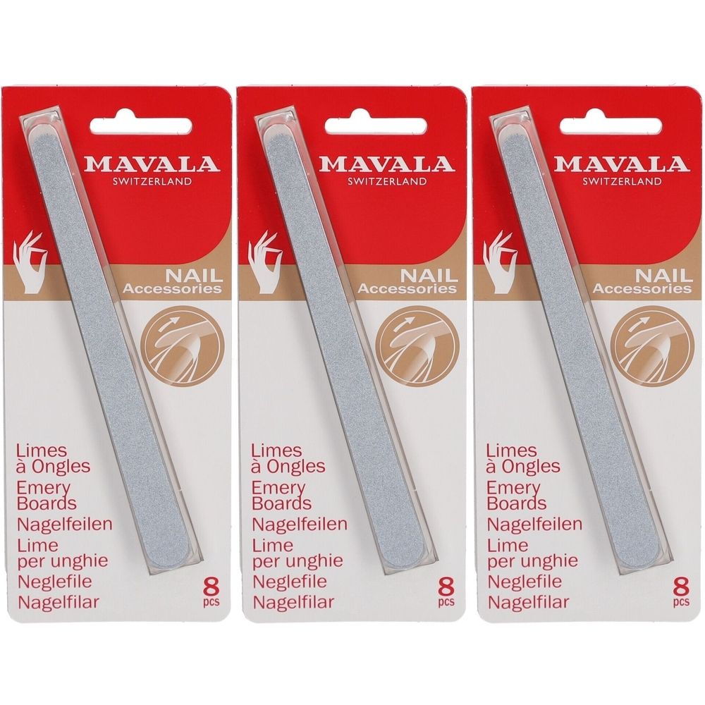 Trois paquets de limes à ongles Mavala. Chaque paquet contient huit limes. Inscription : Limes à Ongles, Emery Boards, Nagelfeilen, Lime per unghie, Neglefile, Nagelfilar.