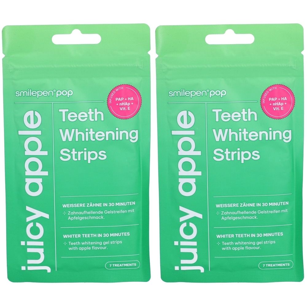 Twee groene verpakkingen met "Teeth Whitening Strips". Opschrift "juicy apple" en "smilepen pop". Bevat 7 behandelingen.