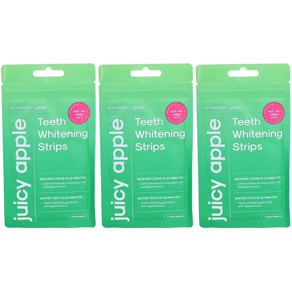 Drie groene verpakkingen met "Teeth Whitening Strips" en "Juicy Apple". Roze cirkel met tekst. Rangschikking.