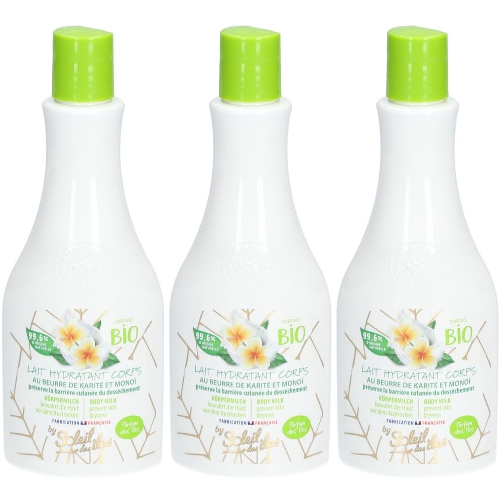 Drie witte flessen met groene doppen. Op elke fles staat "BIO" en "LAIT HYDRATANT CORPS".