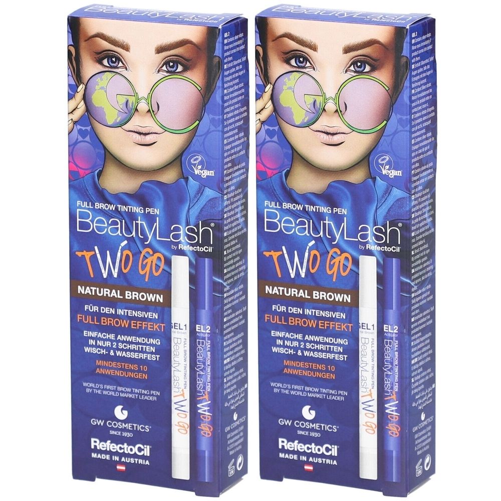 Deux boîtes de BeautyLash® crayon à sourcils. Emballage bleu avec image du produit et texte. Contient deux stylos.