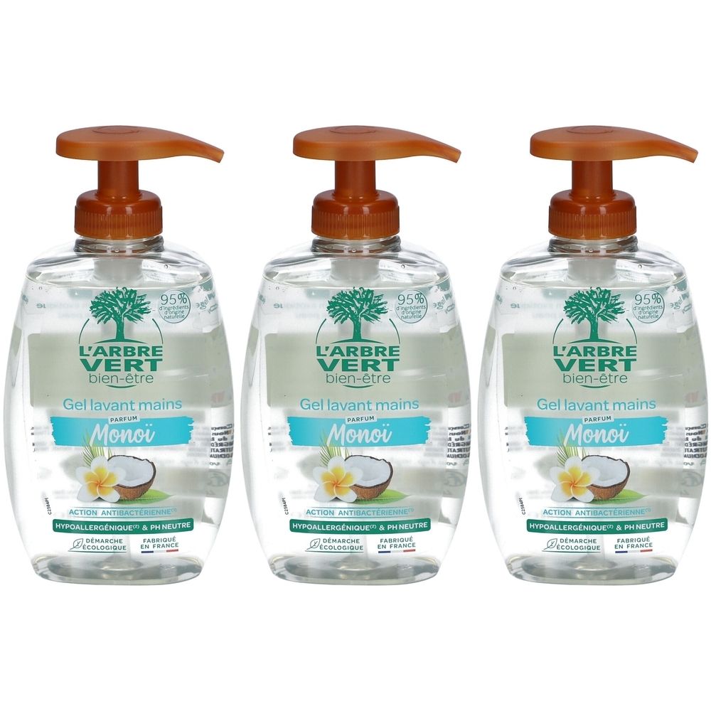 Trois flacons de savon pour les mains avec pompe marron. Inscription : L'ARBRE VERT, Gel lavant mains, Parfum Monoï. Design noix de coco et fleur.