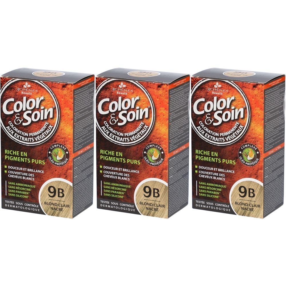 Drie dozen Color & Soin 9B Lichtblond Parelmoer. Opschriften: Color & Soin, permanente kleuring, pure pigmenten, 9B Blond Clair.