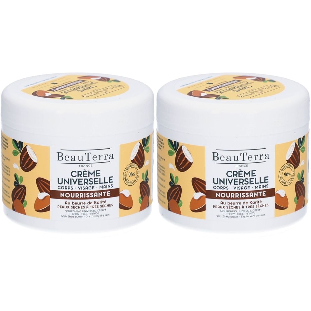 Deux pots blancs de crème. Inscription: BeauTerra Crème Universelle, corps, visage, mains, nourrissante. Au beurre de karité. Pour peaux sèches.