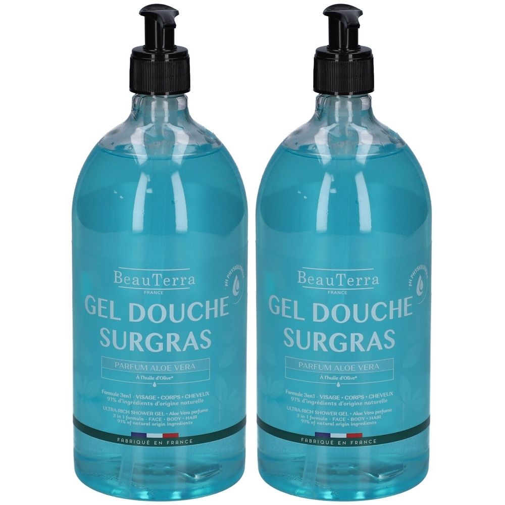 Twee flessen douchegel met zwarte pomp. Opschrift: BeauTerra, Gel Douche Surgras, Parfum Aloe Vera.