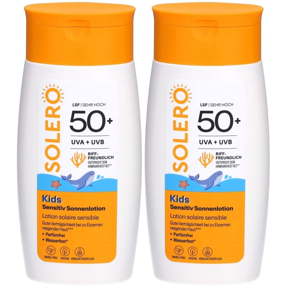 Twee flessen SOLERO Kids SPF50+ zonnebrandlotion. Witte flessen met oranje doppen. Opschrift: 50+, UVA+UVB, Kids, Sensitiv Sonnenlotion.