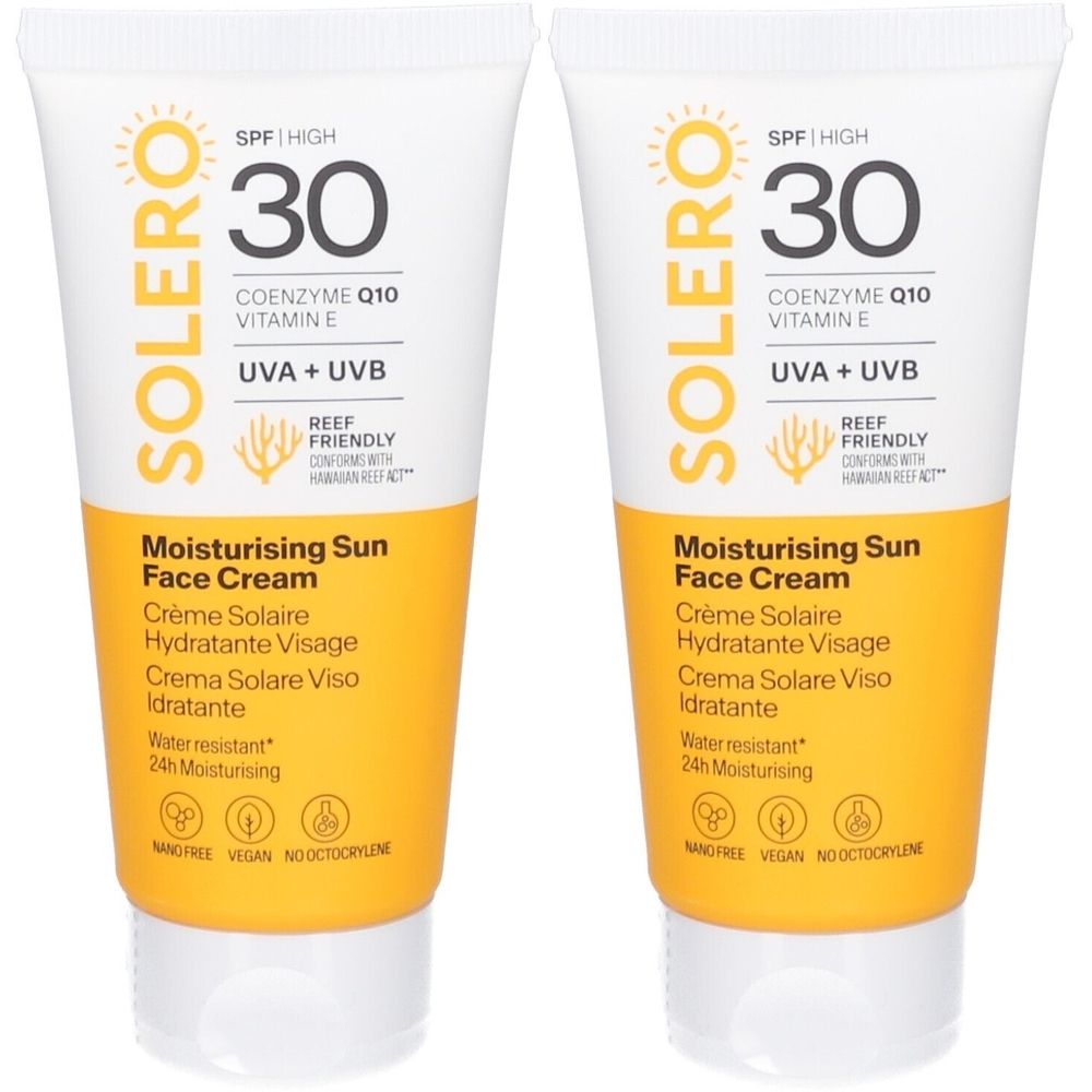 Twee tubes SOLERO zonnecrème SPF30. Witte tubes met gele sectie, tekst: Moisturising Sun Face Cream, UVA+UVB, Reef Friendly.