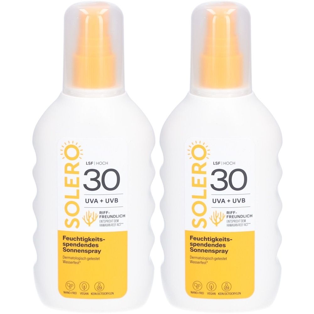 Twee witte flessen met gele sproeikoppen. Opschrift: SOLERO, SPF 30, UVA + UVB, hydraterende zonnebrandspray.