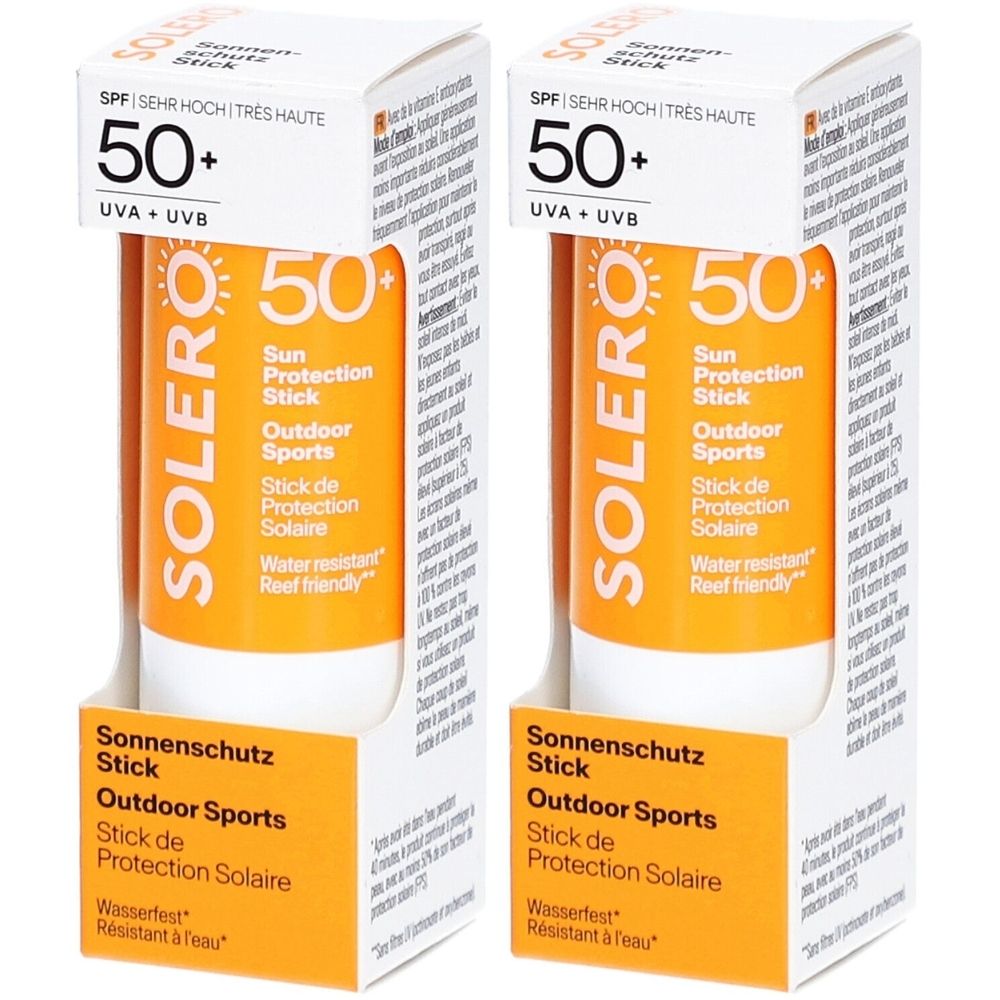 Deux bâtons de protection solaire en emballage. Bâton orange avec capuchon blanc. Inscription : SOLERO, SPF 50+, Sun Protection Stick, résistant à l'eau.